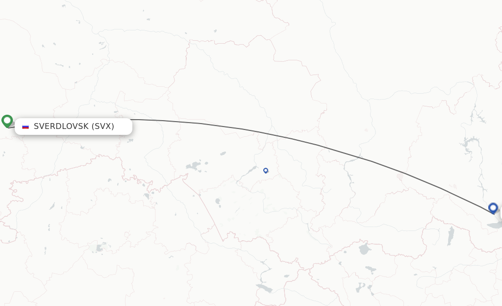 Flights from Yekaterinburg to Irkutsk route map