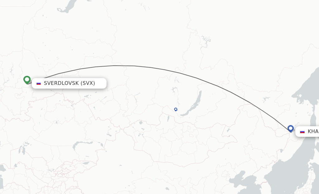 Flights from Yekaterinburg to Khabarovsk route map