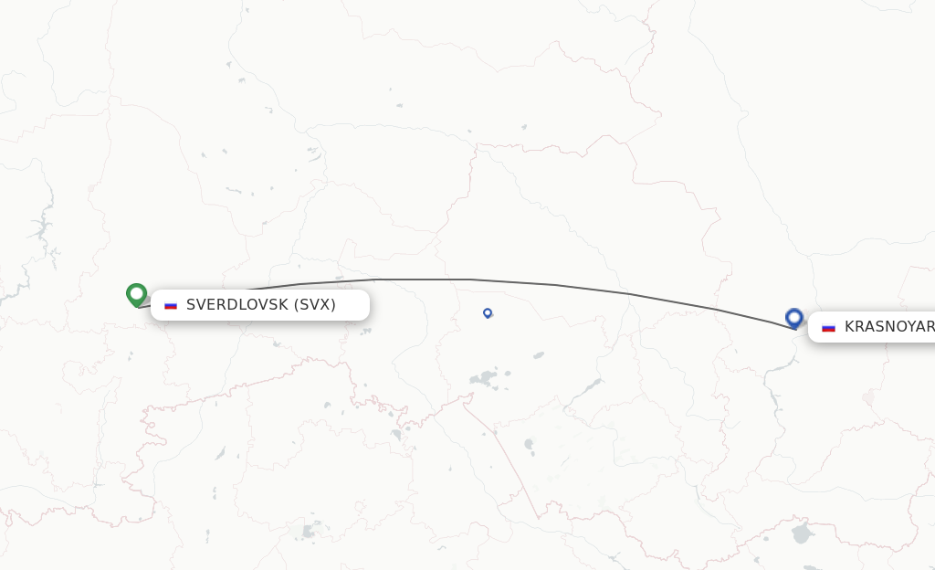 Flights from Yekaterinburg to Krasnojarsk route map
