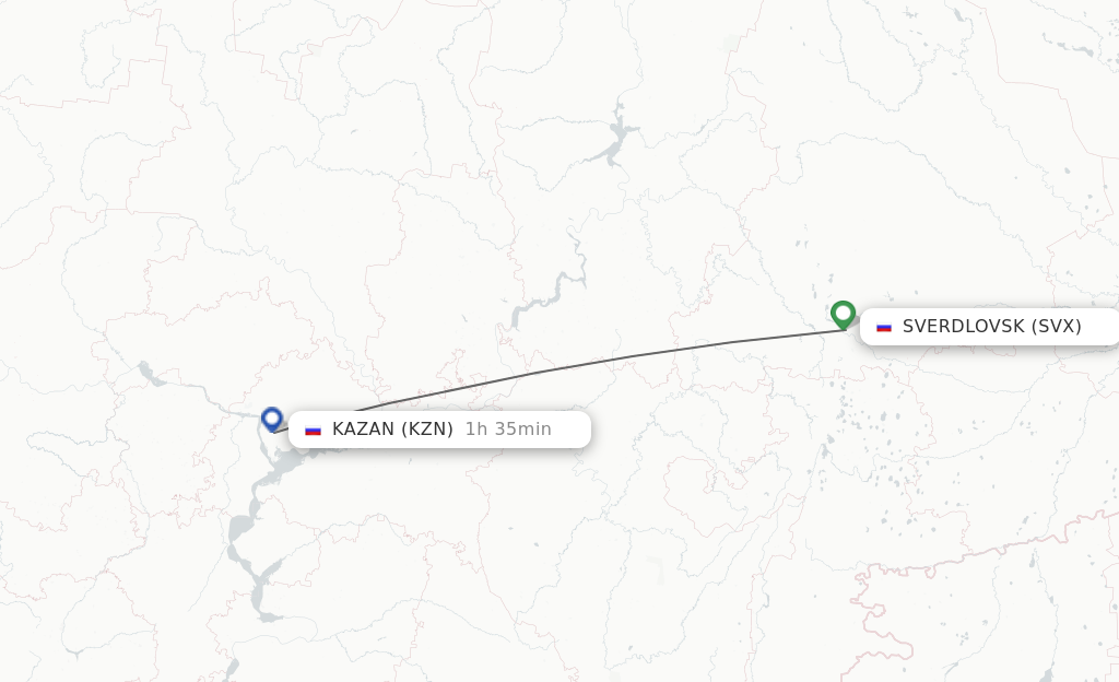 Flights from Yekaterinburg to Kazan route map