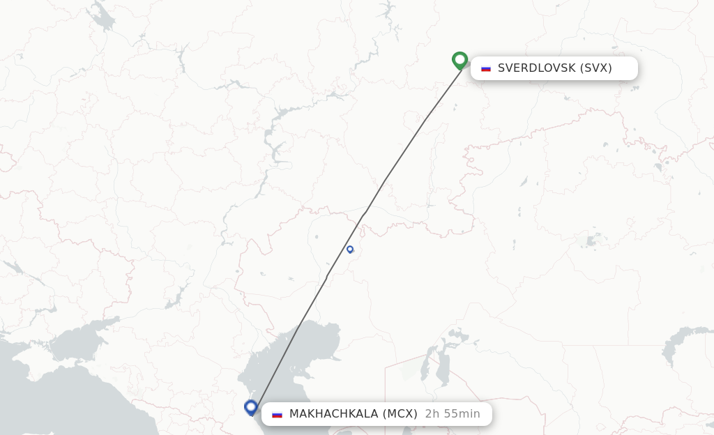 Flights from Yekaterinburg to Makhachkala route map