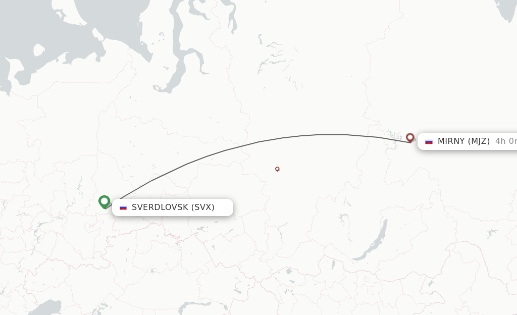 Flights from Yekaterinburg to Mirnyj route map