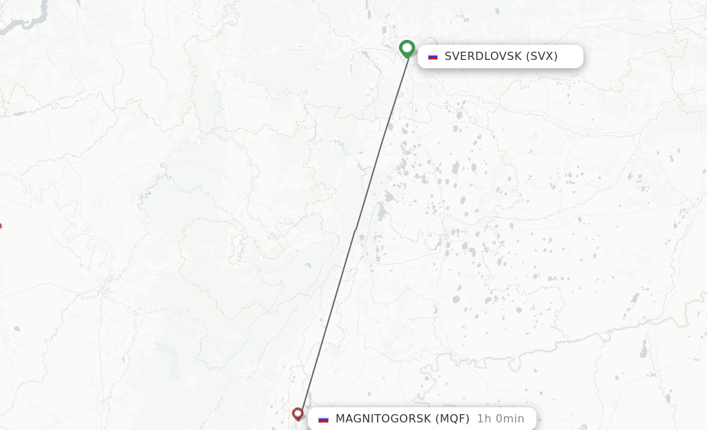 Flights from Yekaterinburg to Magnitogorsk route map