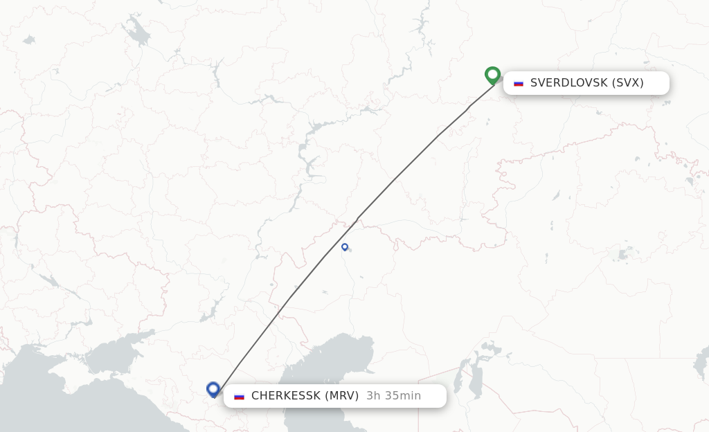 Flights from Yekaterinburg to Mineralnye Vody route map