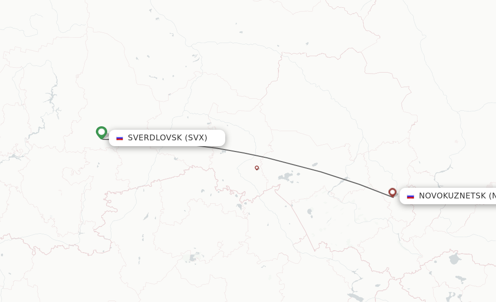 Flights from Yekaterinburg to Novokuznetsk route map