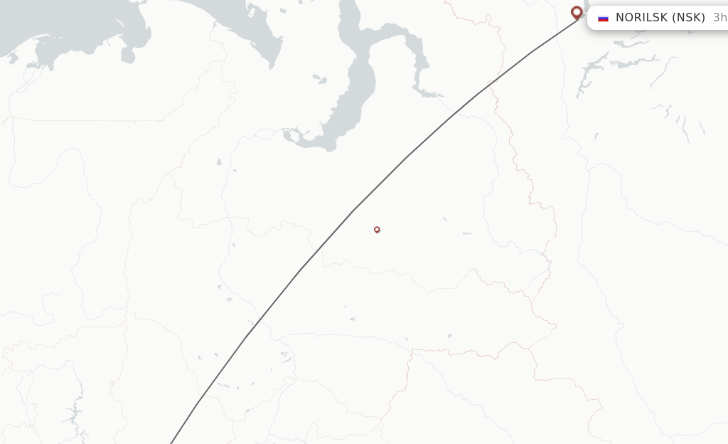 Flights from Yekaterinburg to Noril'sk route map