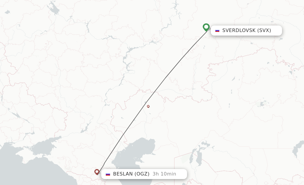 Flights from Yekaterinburg to Vladikavkaz route map