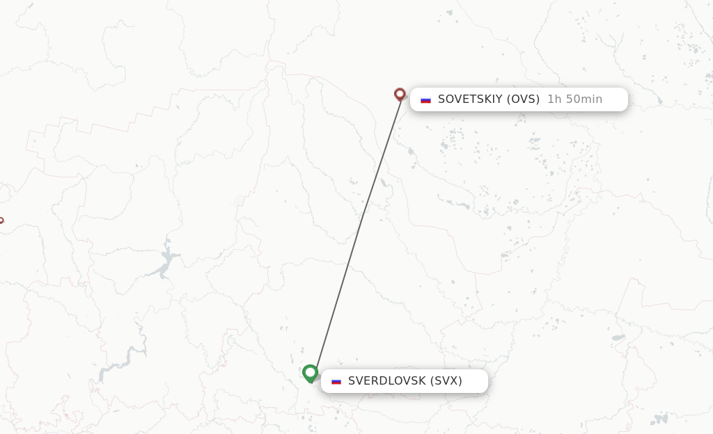 Flights from Yekaterinburg to Sovetsky route map