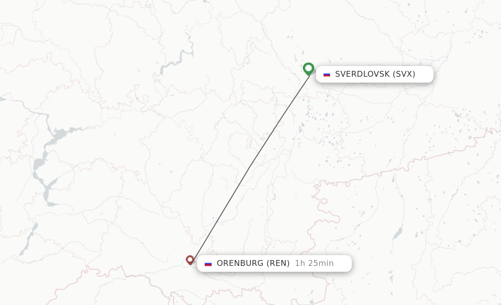Flights from Yekaterinburg to Orenburg route map