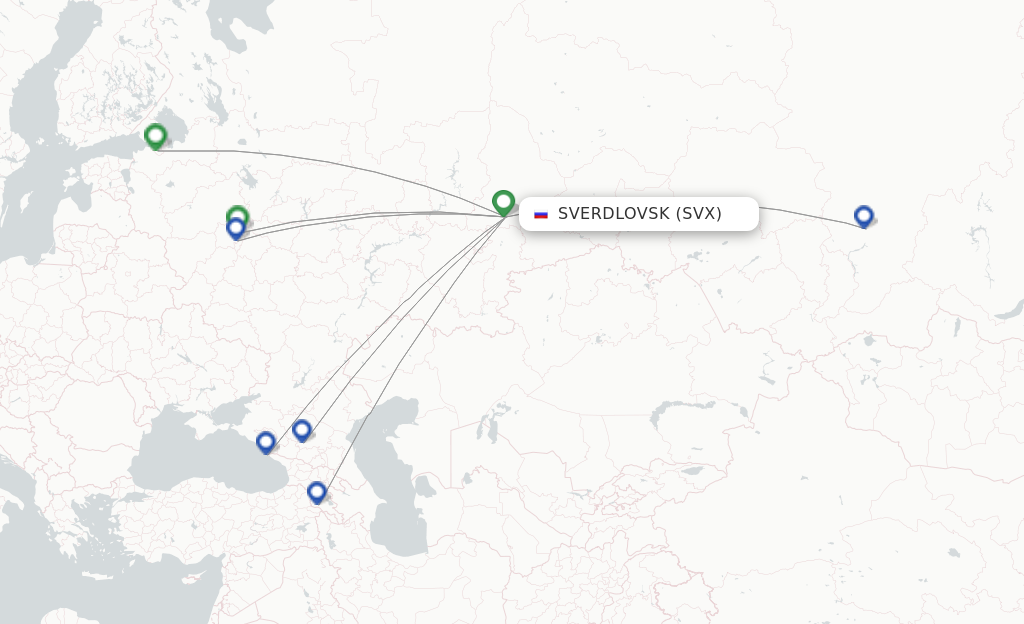 Route map with flights from Yekaterinburg with Aeroflot