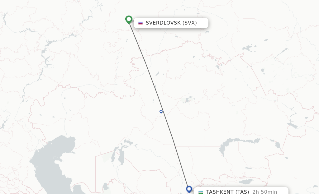 Flights from Yekaterinburg to Tashkent route map
