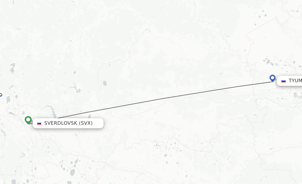 Flights from Yekaterinburg to Tyumen route map