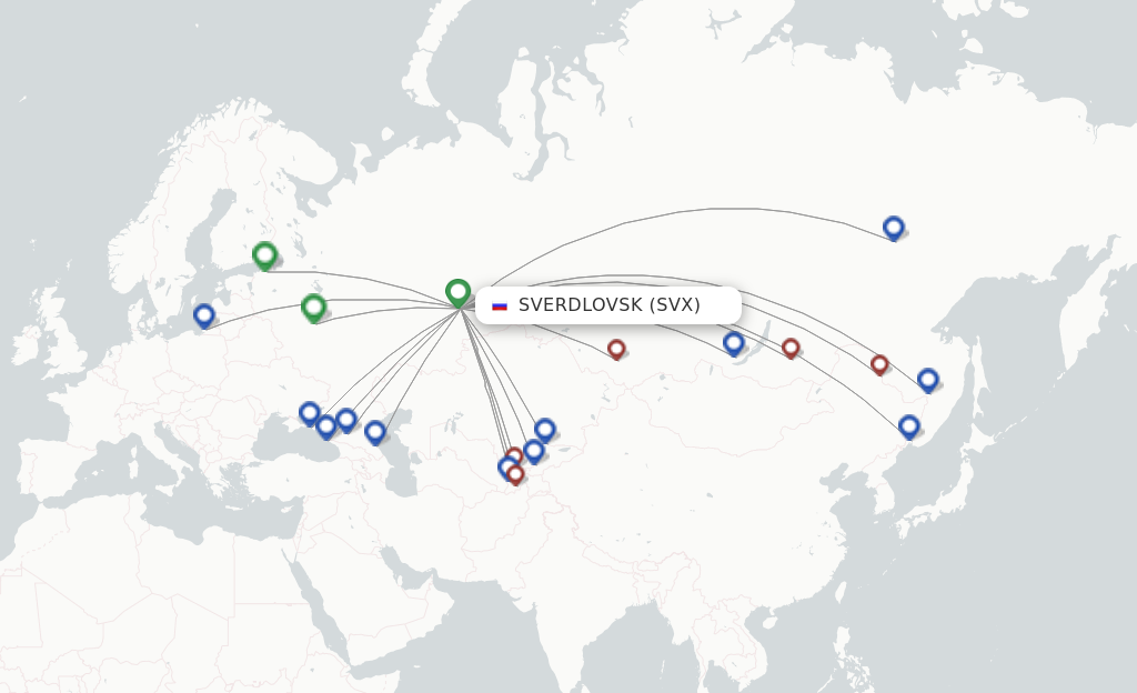Route map with flights from Sverdlovsk with Ural Airlines