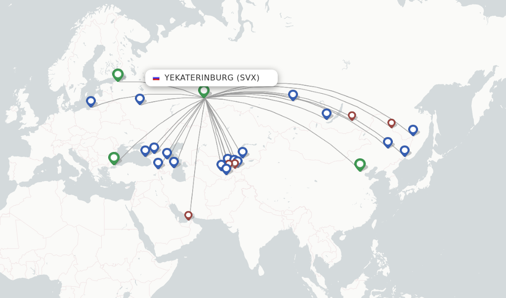 Route map with flights from Yekaterinburg with Ural Airlines