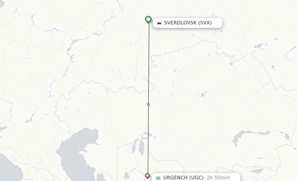 Flights from Yekaterinburg to Urgench route map