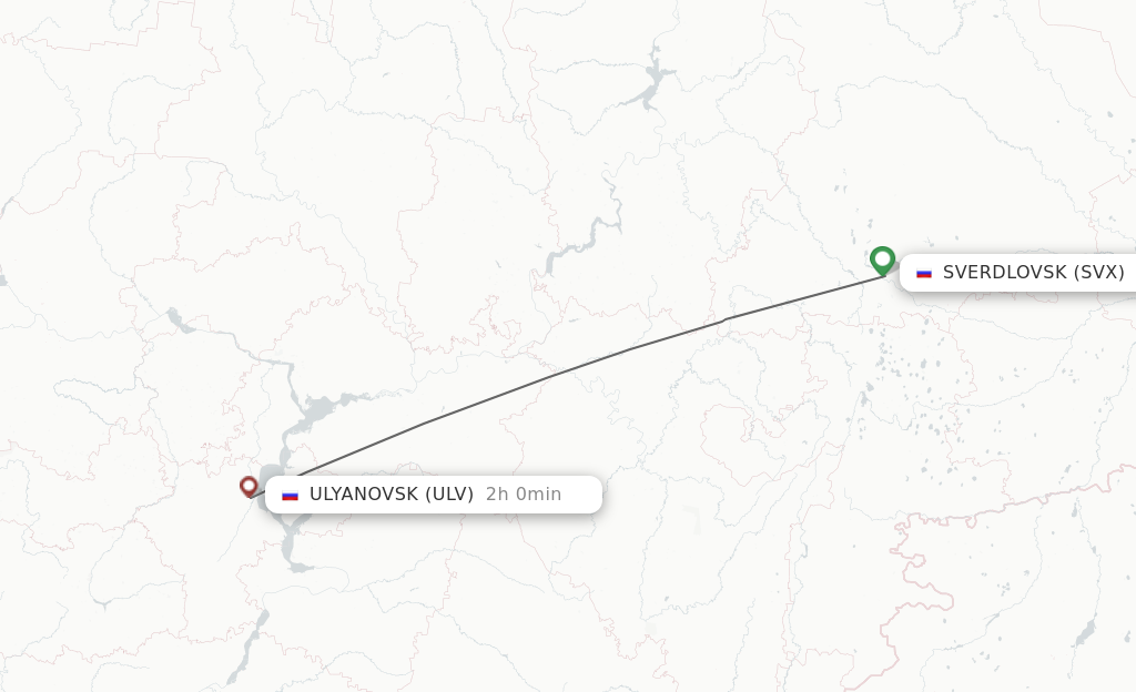 Flights from Yekaterinburg to Ulyanovsk route map