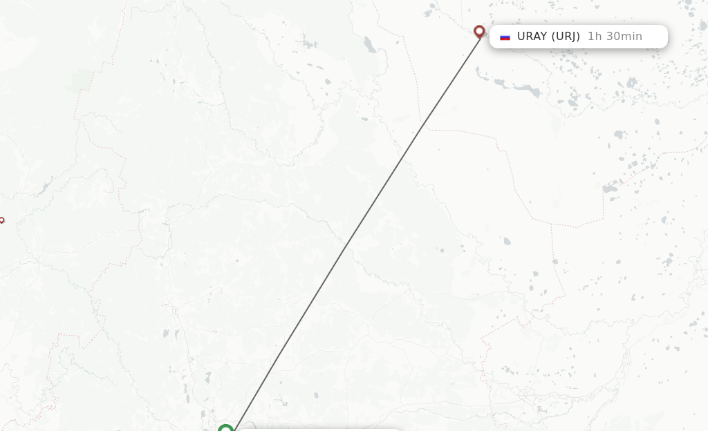 Flights from Yekaterinburg to Uraj route map