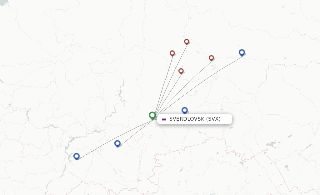 Route map with flights from Yekaterinburg with UTair