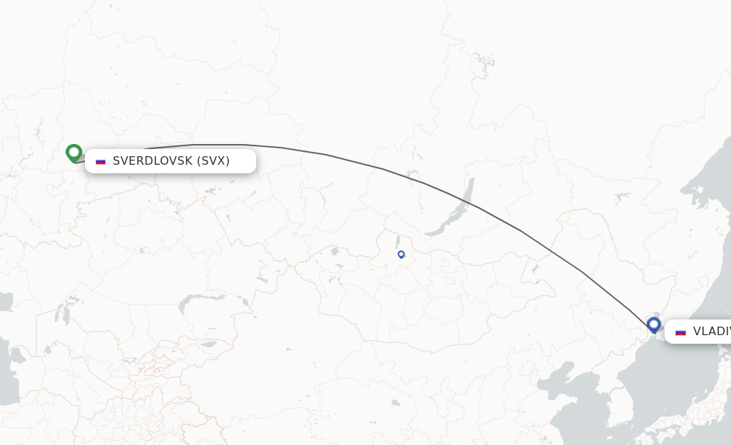 Flights from Yekaterinburg to Vladivostok route map