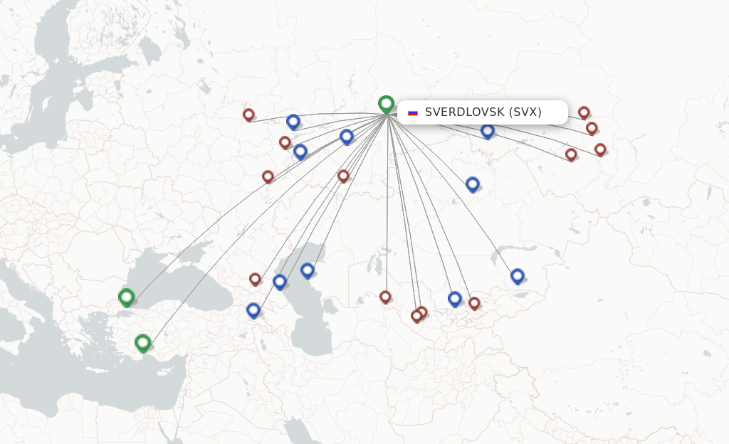 Route map with flights from Yekaterinburg with Red Wings