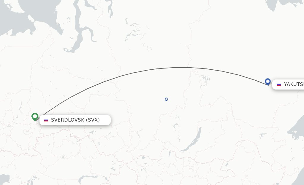Flights from Yekaterinburg to Yakutsk route map