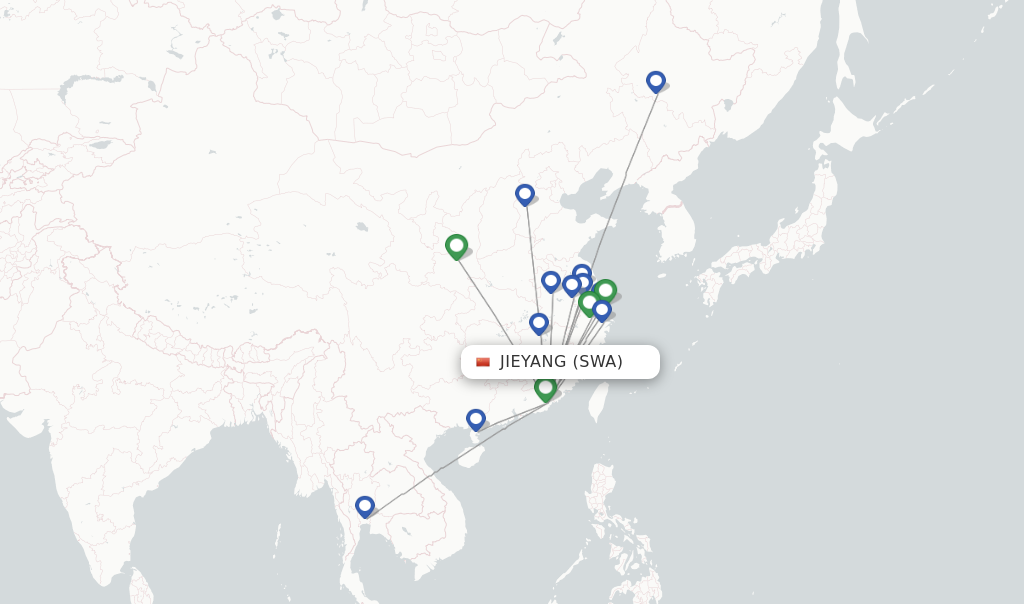 Route map with flights from Jieyang with Spring Airlines