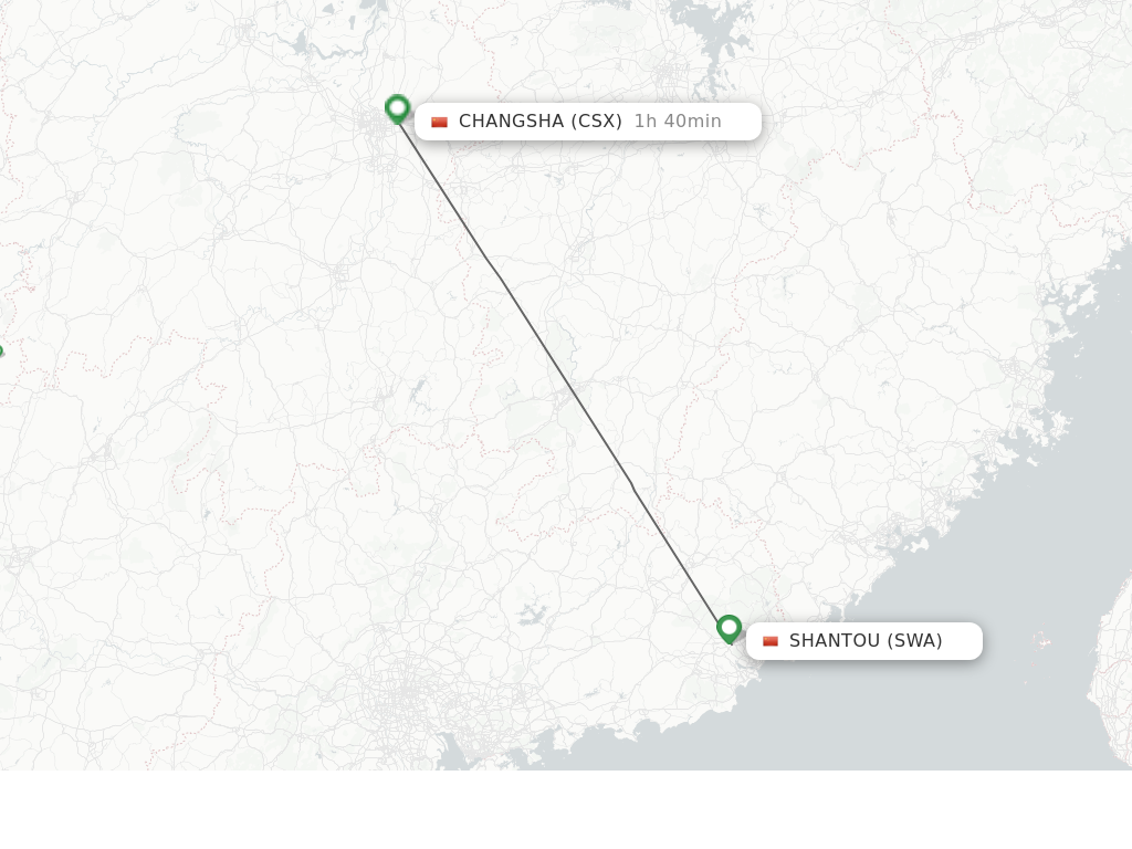 Flights from Jieyang to Changsha route map