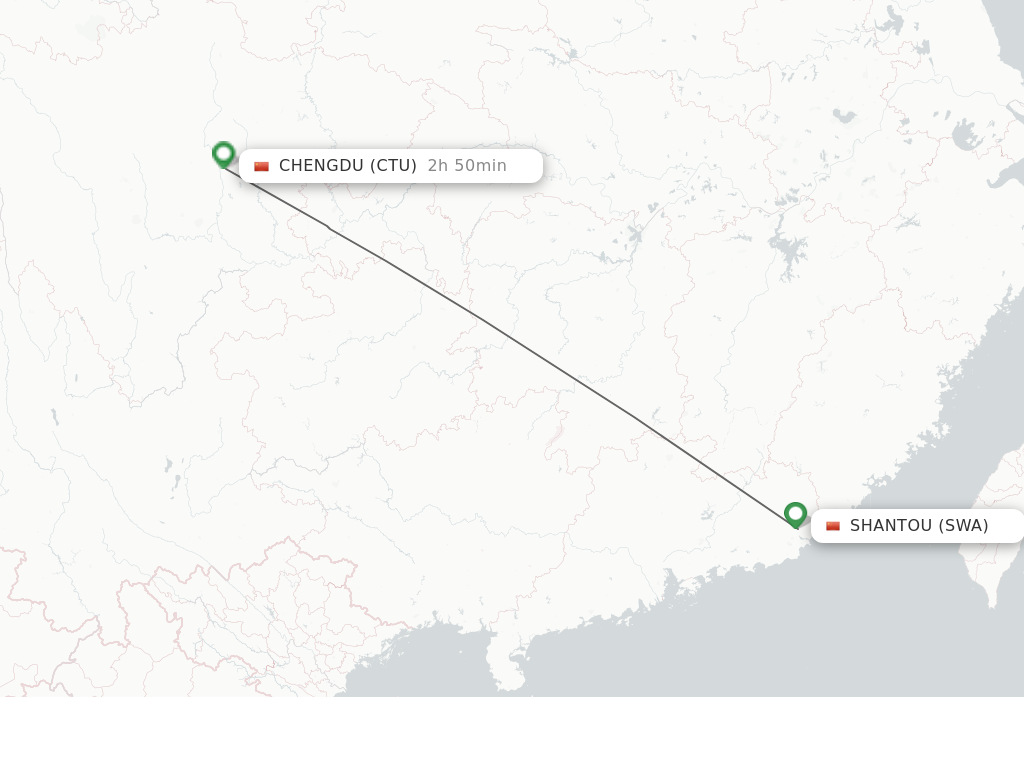 Flights from Jieyang to Chengdu route map