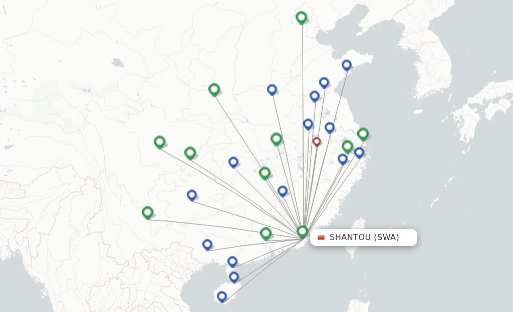 Route map with flights from Shantou with China Southern Airlines