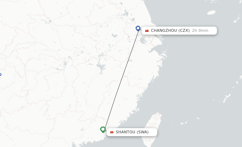 Flights from Jieyang to Changzhou route map