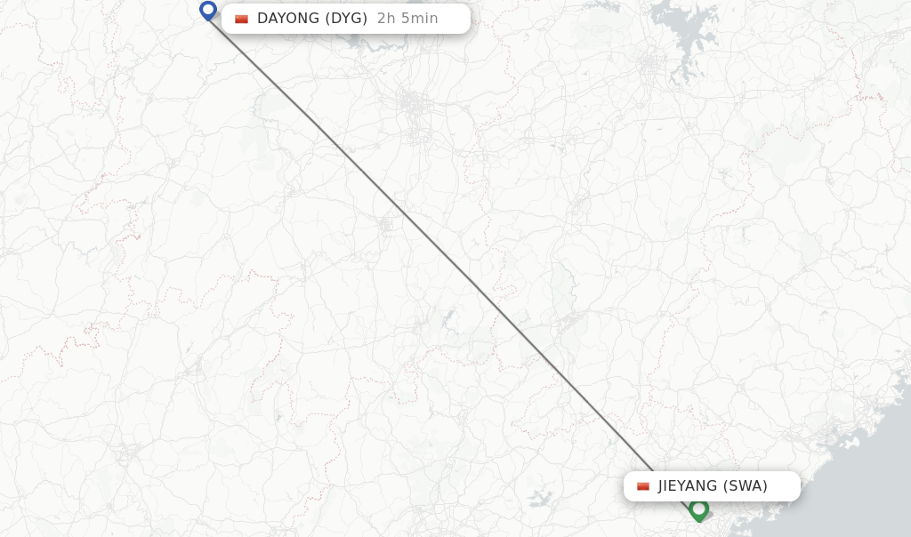 Flights from Jieyang to Dayong route map