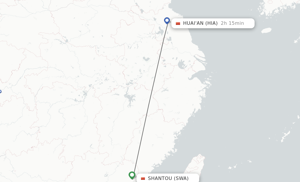 Flights from Jieyang to Huai'an route map