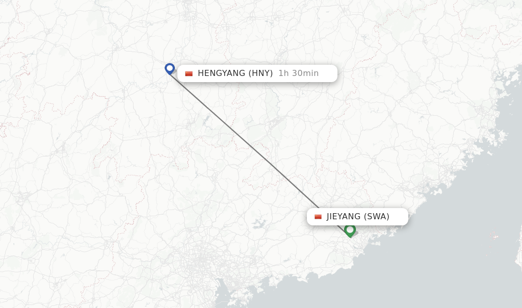 Flights from Jieyang to Hengyang route map