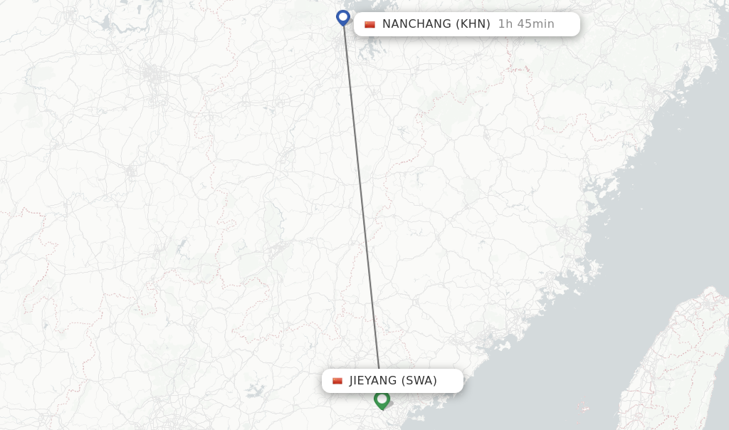 Flights from Nanchang to Jieyang route map