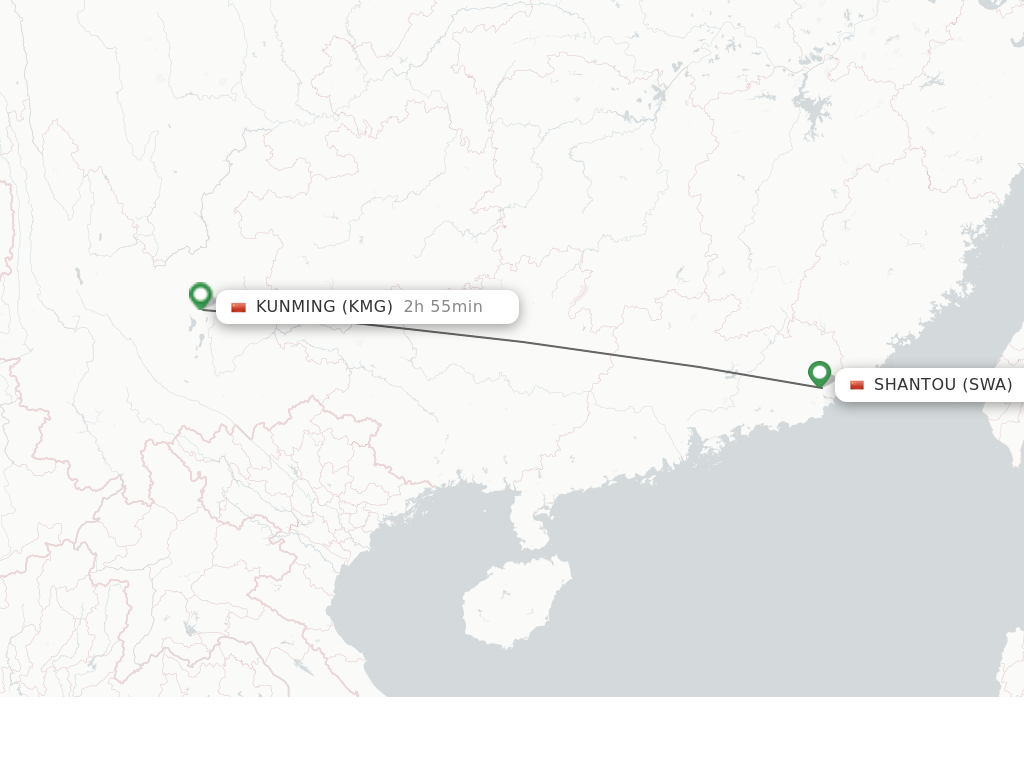 Flights from Shantou to Kunming route map