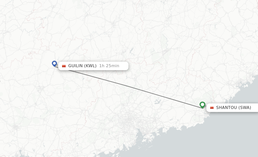 Flights from Jieyang to Guilin route map
