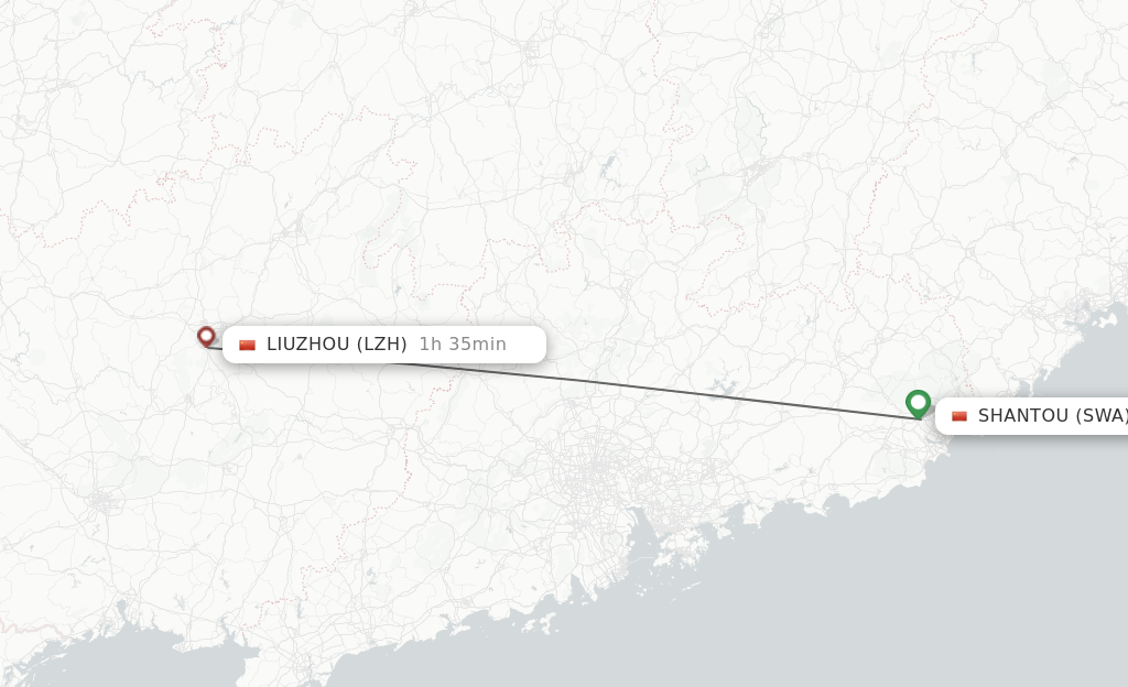 Flights from Jieyang to Liuzhou route map