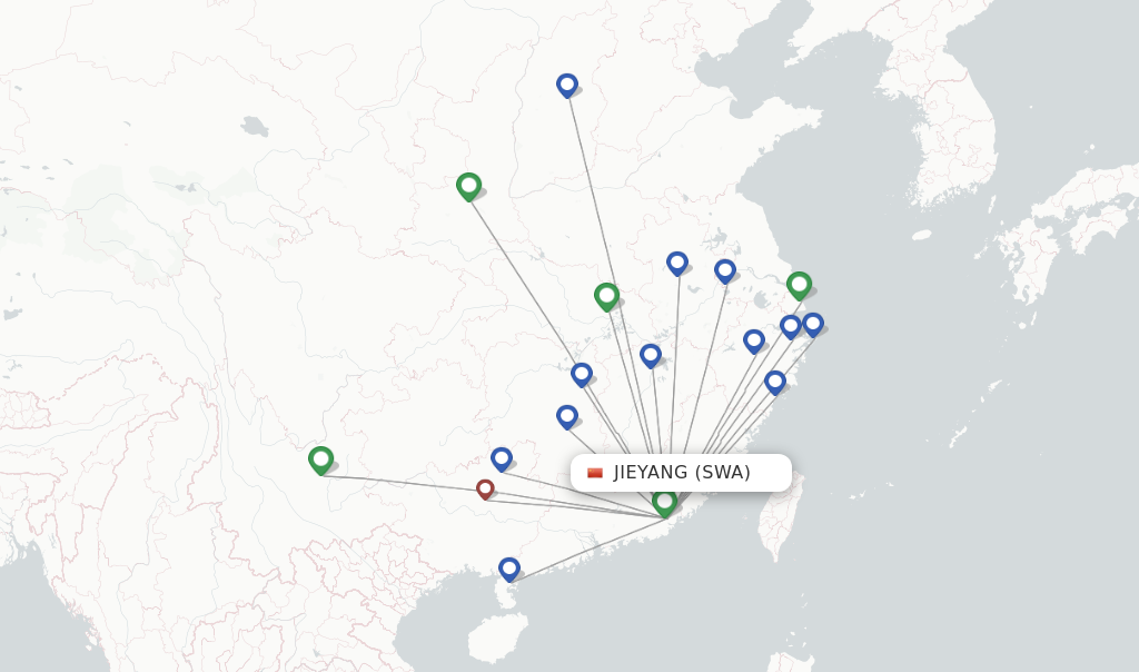 Route map with flights from Jieyang with China Eastern