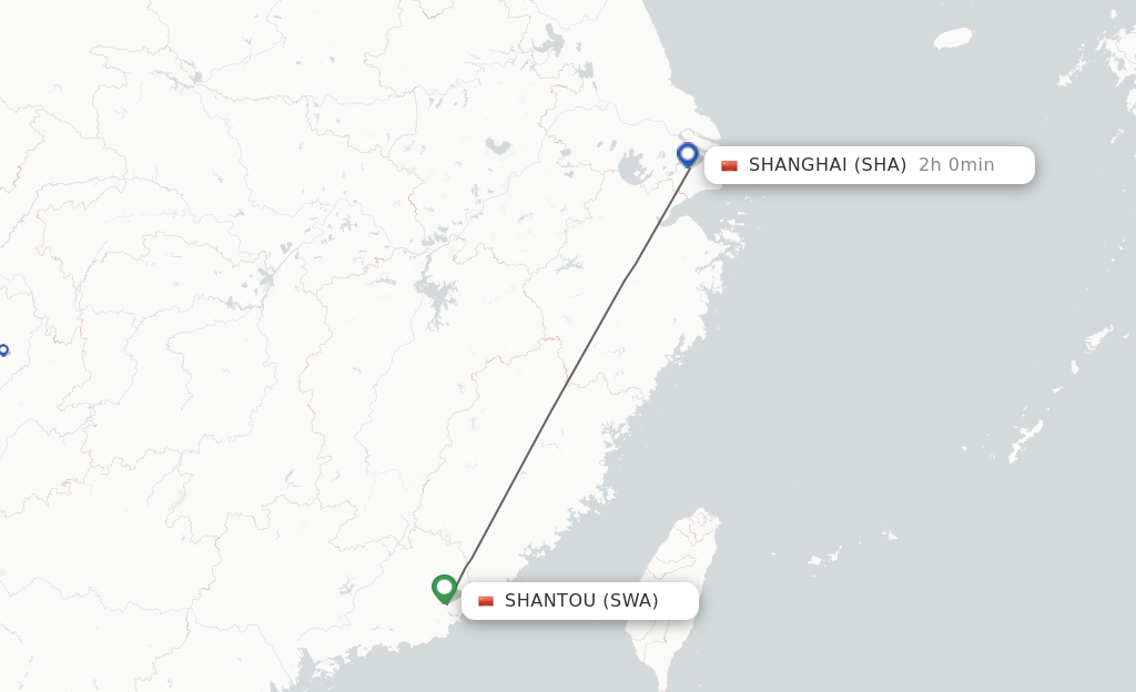 Flights from Jieyang to Shanghai route map