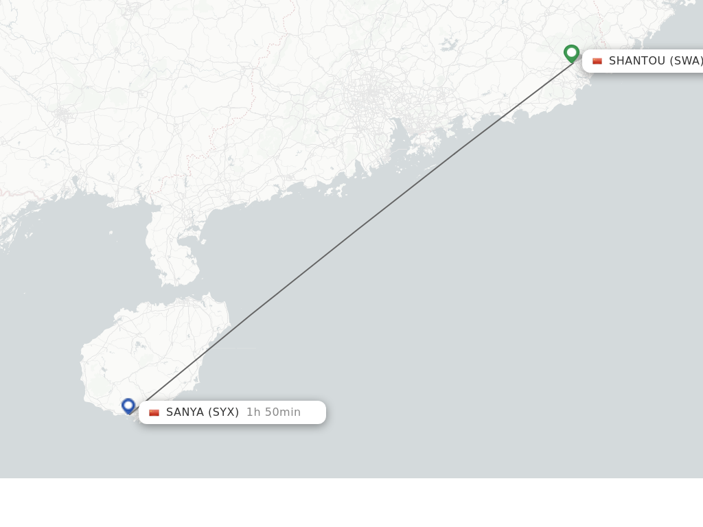 Flights from Jieyang to Sanya route map