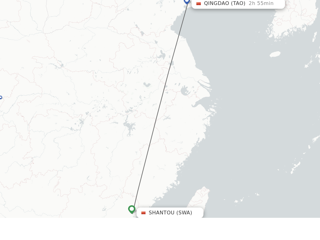 Flights from Jieyang to Qingdao route map