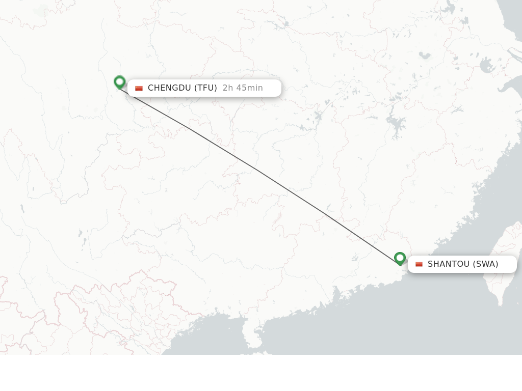 Flights from Shantou to Chengdu route map