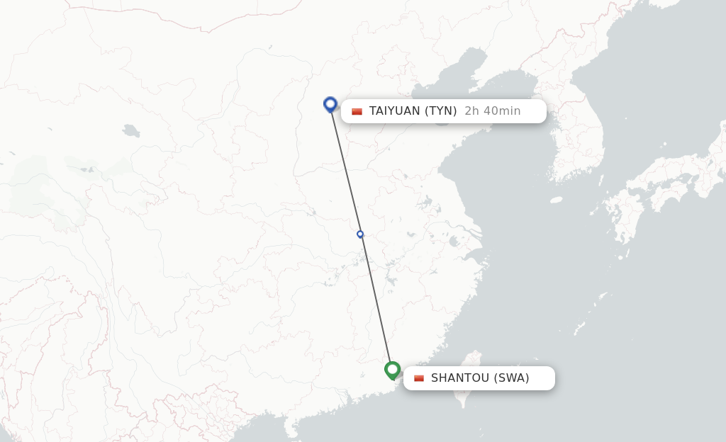 Flights from Jieyang to Taiyuan route map