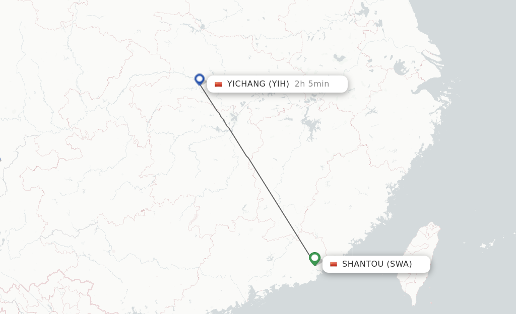 Flights from Jieyang to Yichang route map