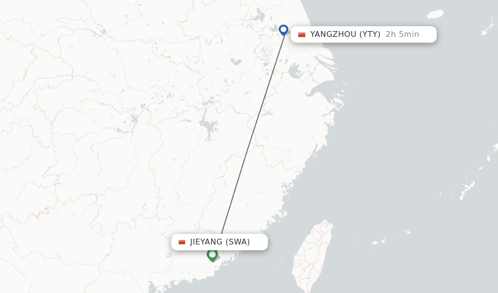 Flights from Yangzhou to Jieyang route map