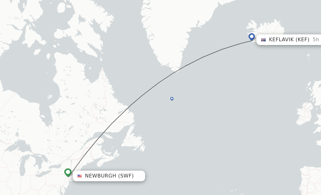 Flights from Newburgh to Reykjavik route map