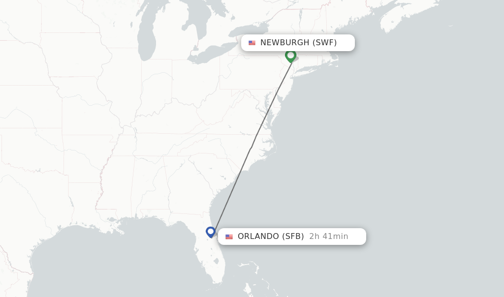 Flights from Newburgh to Orlando route map