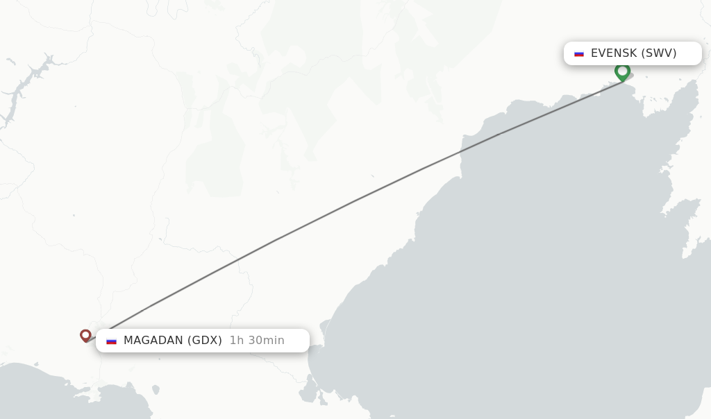 Flights from Evensk to Magadan route map