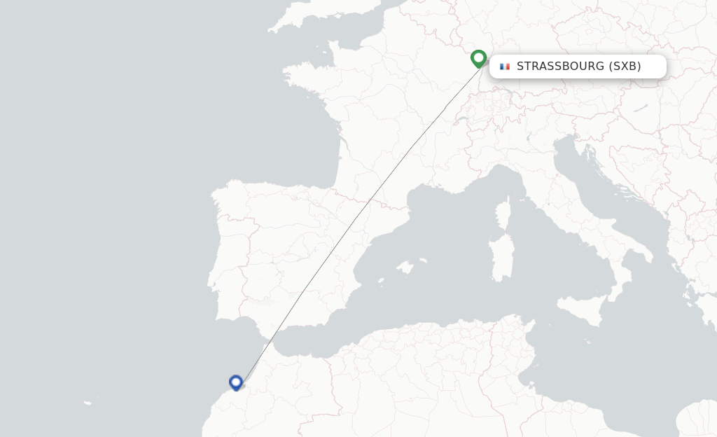 Route map with flights from Strasbourg with Royal Air Maroc
