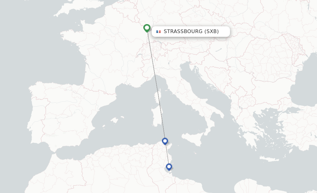 Route map with flights from Strasbourg with Nouvelair